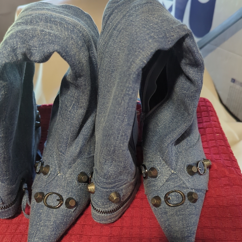 Madam James Denim Pointed Toe Booties with Metal Ring Accents in Blue-Gray
